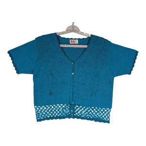 R&K Original Petite Cardigan PS Teal Blue Floral Embroidered Open Knit Vintage
